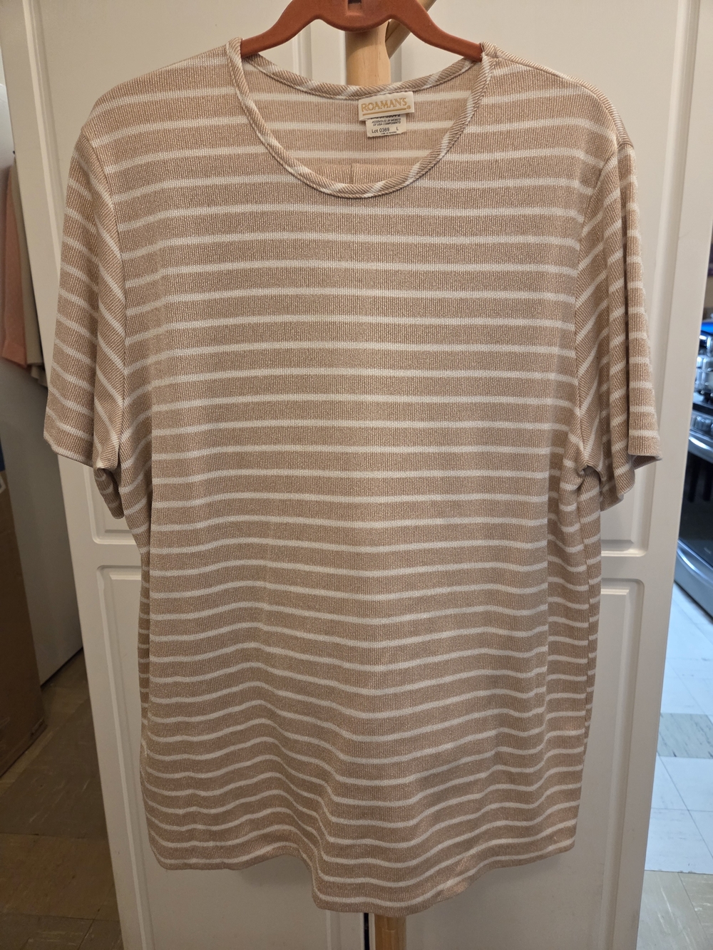 Roaman's Beige and White Striped Short Sleeve Crew Tee
